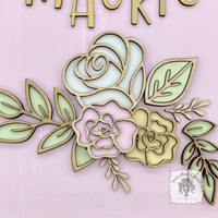 Personalized Rose Floral Plaque Hung from Ribbon - Embellished w/ Handmade Layered Wood Flowers & Leaves in Pastels w/ Gold Letters