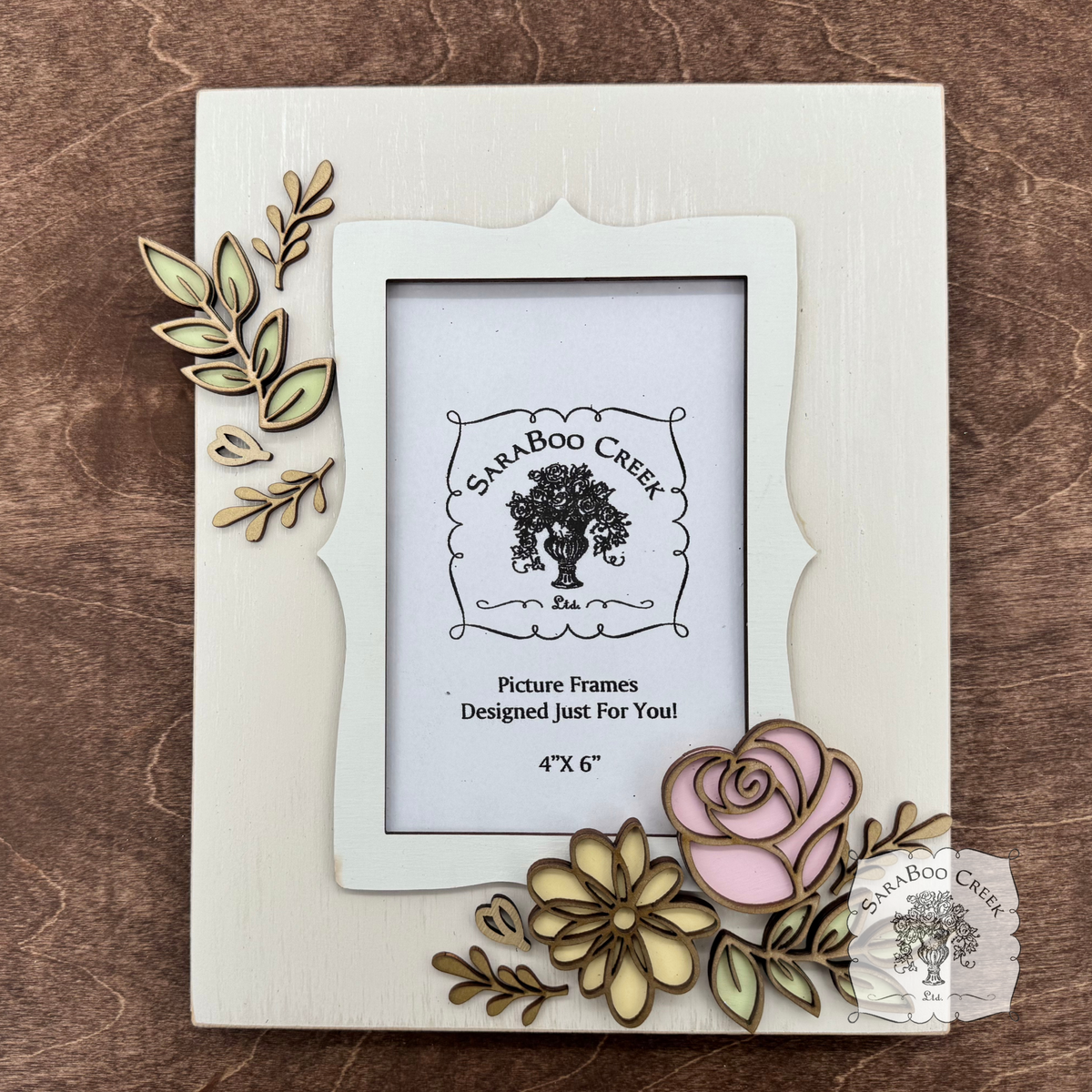 Personalized Floral Picture Frame for 4x6 Photo - Decorated w/ Layered Wood Flowers & Leaves in Pastels and Gold