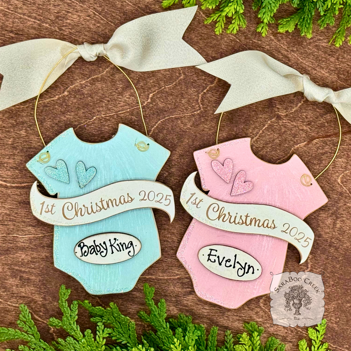 Baby's 1st Christmas Pink or Blue Onesie Ornament - Personalized First Christmas Gift for Baby Boy or Girl