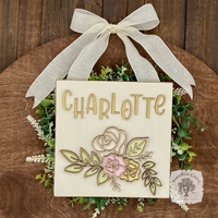 Personalized Rose Floral Plaque Hung from Ribbon - Embellished w/ Handmade Layered Wood Flowers & Leaves in Pastels w/ Gold Letters