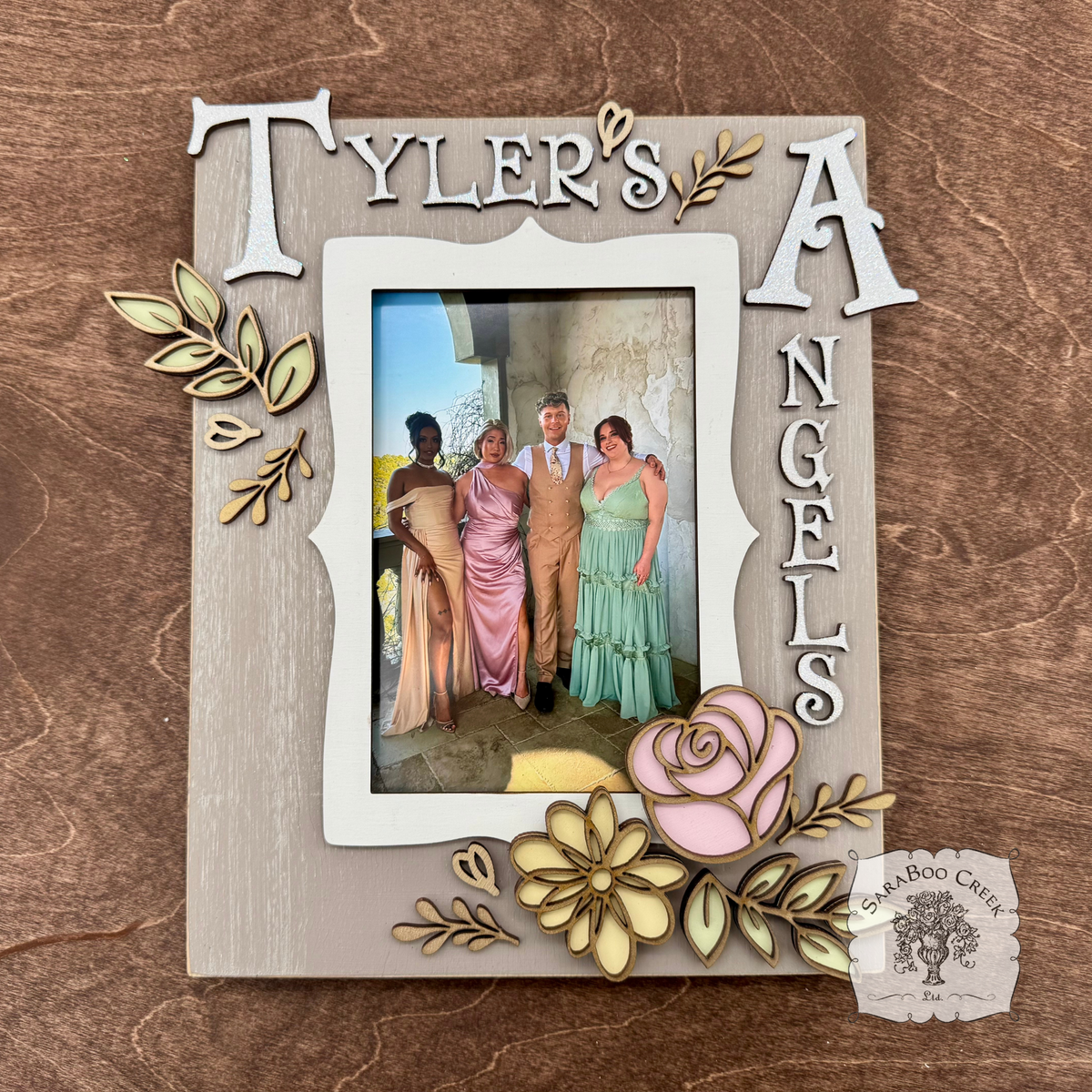 Personalized Floral Picture Frame for 4x6 Photo - Decorated w/ Layered Wood Flowers & Leaves in Pastels and Gold