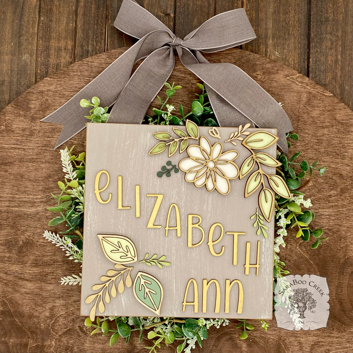 Custom Floral Daisy Sign Hung from Ribbon - Embellished w/ Handmade Layered Wood Flower & Leaves in Pastels w/ Gold Letters