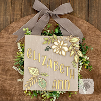 Custom Floral Daisy Sign Hung from Ribbon - Embellished w/ Handmade Layered Wood Flower & Leaves in Pastels w/ Gold Letters