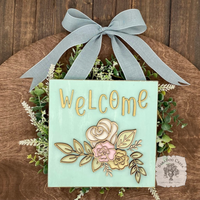 Personalized Rose Floral Plaque Hung from Ribbon - Embellished w/ Handmade Layered Wood Flowers & Leaves in Pastels w/ Gold Letters