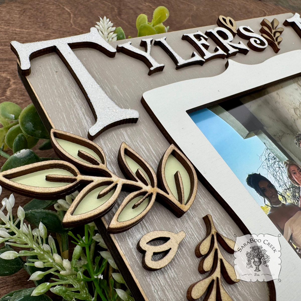 Personalized Floral Picture Frame for 4x6 Photo - Decorated w/ Layered Wood Flowers & Leaves in Pastels and Gold