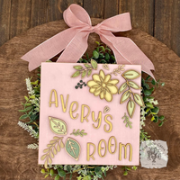 Custom Floral Daisy Sign Hung from Ribbon - Embellished w/ Handmade Layered Wood Flower & Leaves in Pastels w/ Gold Letters