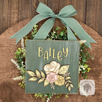 Personalized Rose Floral Plaque Hung from Ribbon - Embellished w/ Handmade Layered Wood Flowers & Leaves in Pastels w/ Gold Letters