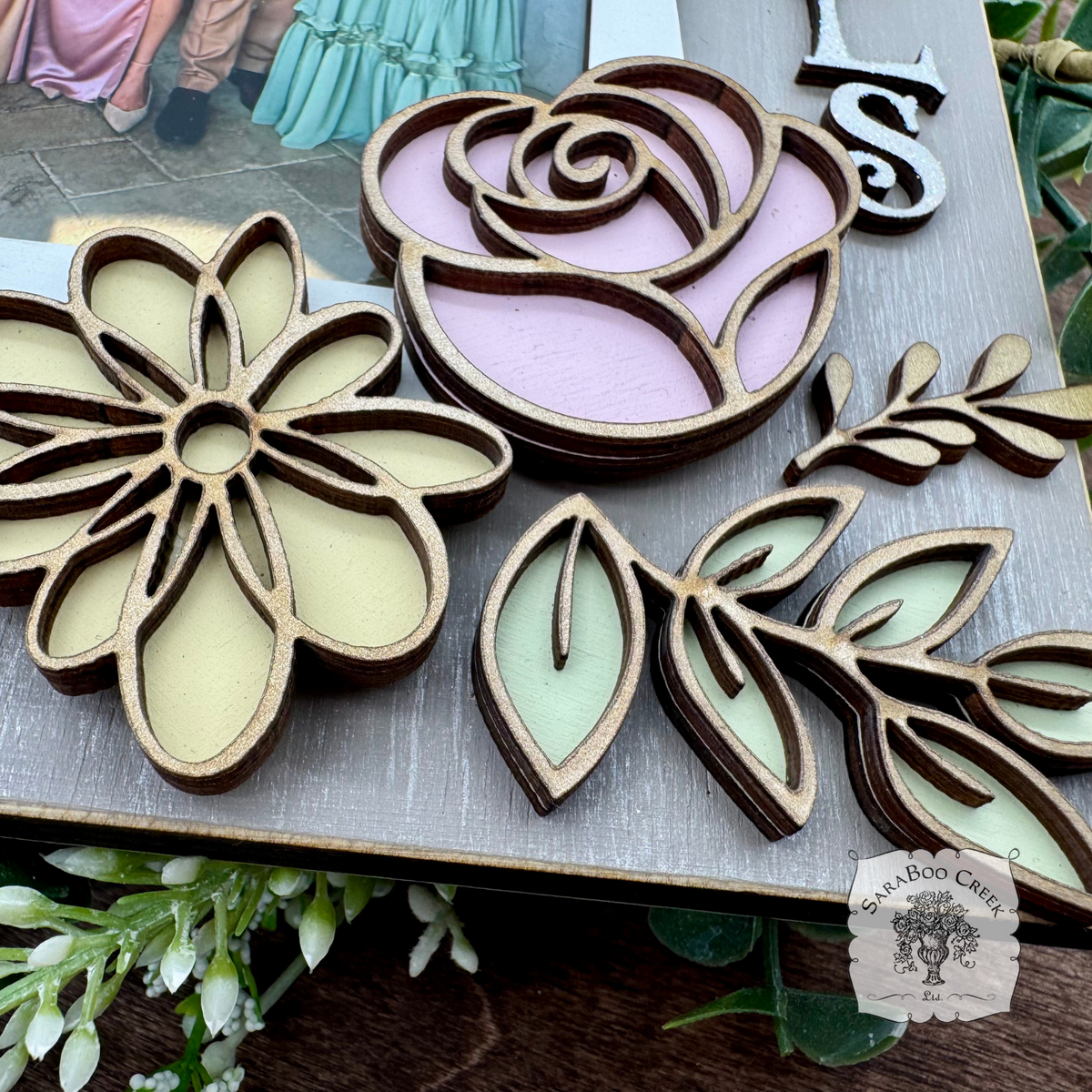 Personalized Floral Picture Frame for 4x6 Photo - Decorated w/ Layered Wood Flowers & Leaves in Pastels and Gold