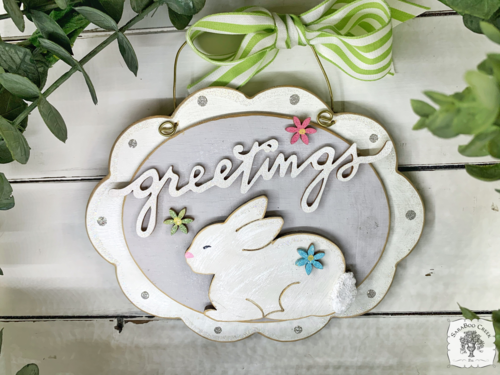 Spring Greetings Bunny Sign - Scalloped Oval Hanging Easter Decoration