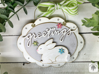 Spring Greetings Bunny Sign - Scalloped Oval Hanging Easter Decoration