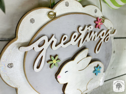 Spring Greetings Bunny Sign - Scalloped Oval Hanging Easter Decoration