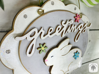 Spring Greetings Bunny Sign - Scalloped Oval Hanging Easter Decoration