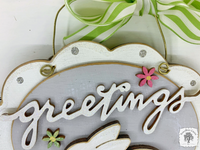 Spring Greetings Bunny Sign - Scalloped Oval Hanging Easter Decoration