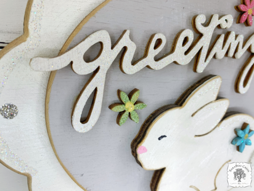 Spring Greetings Bunny Sign - Scalloped Oval Hanging Easter Decoration