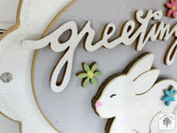 Spring Greetings Bunny Sign - Scalloped Oval Hanging Easter Decoration