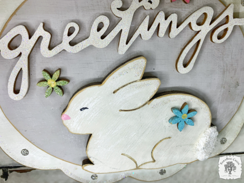 Spring Greetings Bunny Sign - Scalloped Oval Hanging Easter Decoration