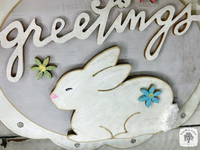 Spring Greetings Bunny Sign - Scalloped Oval Hanging Easter Decoration