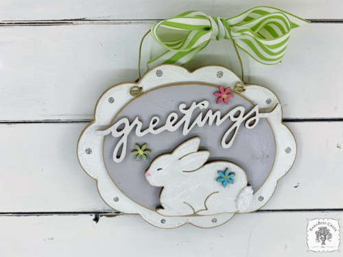 Spring Greetings Bunny Sign - Scalloped Oval Hanging Easter Decoration