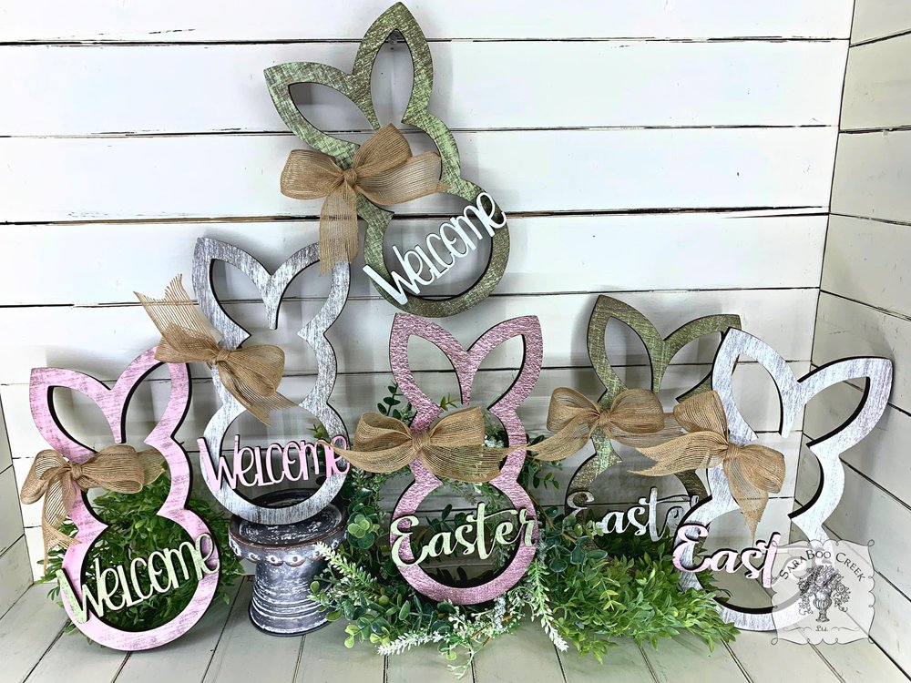 Rustic Bunny Spring Easter Decoration - Wood Rabbit Outline w/ Choice of Easter or Welcome Word