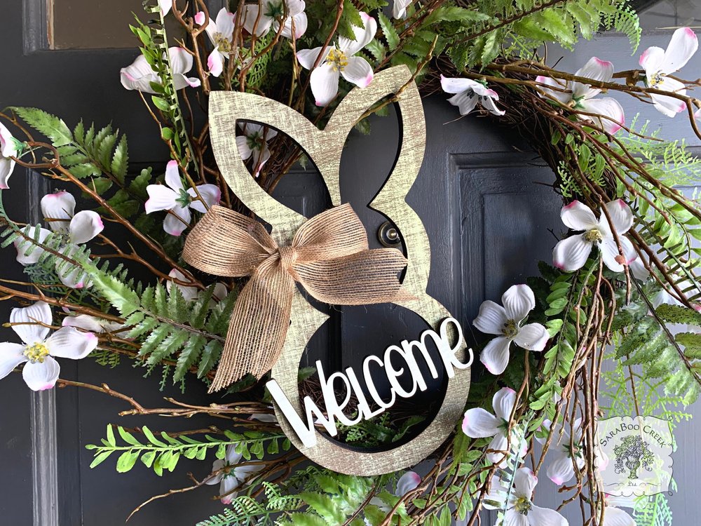 Rustic Bunny Spring Easter Decoration - Wood Rabbit Outline w/ Choice of Easter or Welcome Word