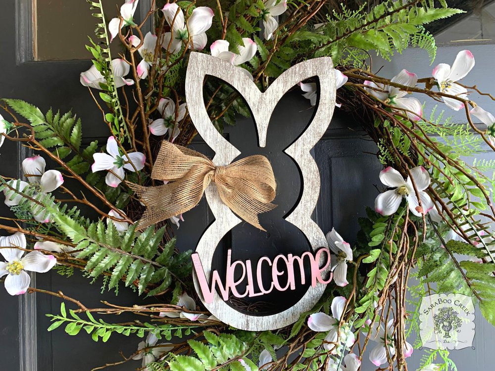 Rustic Bunny Spring Easter Decoration - Wood Rabbit Outline w/ Choice of Easter or Welcome Word