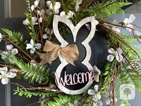 Rustic Bunny Spring Easter Decoration - Wood Rabbit Outline w/ Choice of Easter or Welcome Word