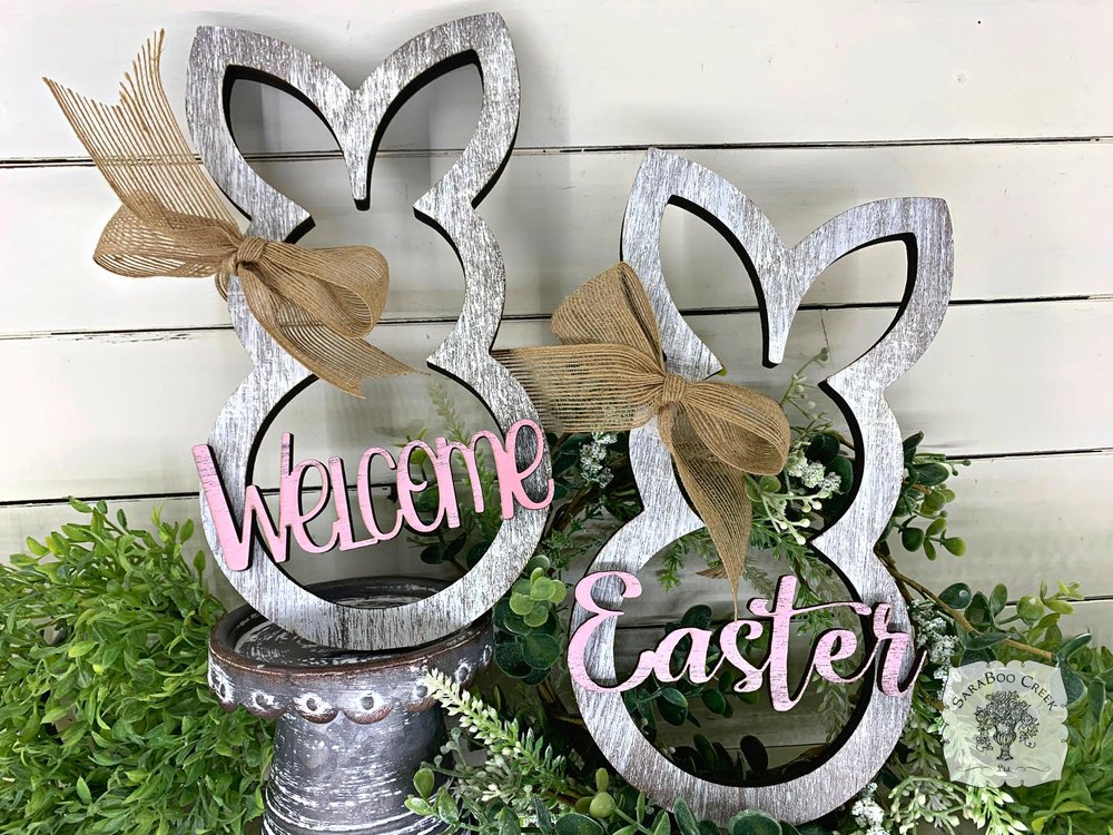 Rustic Bunny Spring Easter Decoration - Wood Rabbit Outline w/ Choice of Easter or Welcome Word