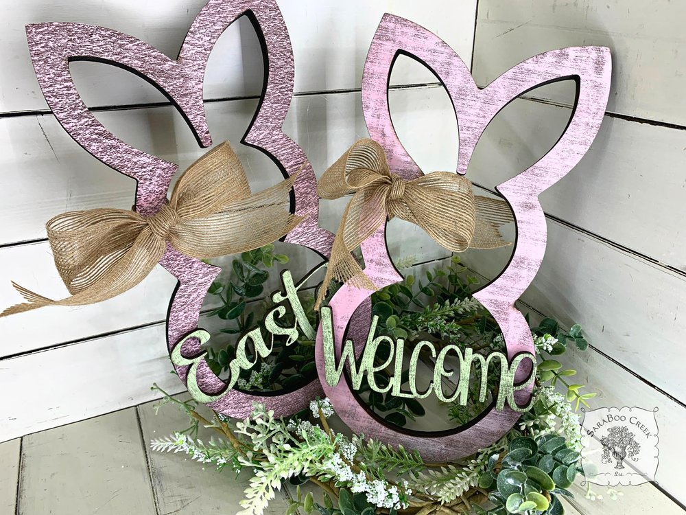 Rustic Bunny Spring Easter Decoration - Wood Rabbit Outline w/ Choice of Easter or Welcome Word