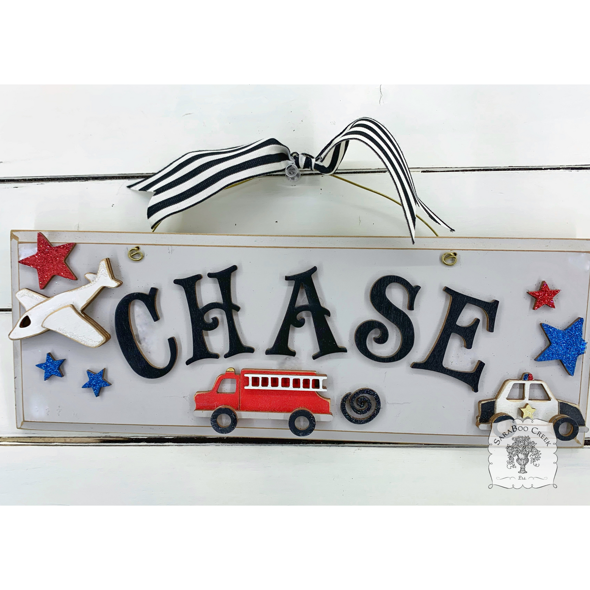 Boy's Room Transportation Theme Plaque - Personalized Sign with Firetruck, Airplane, and Police Car