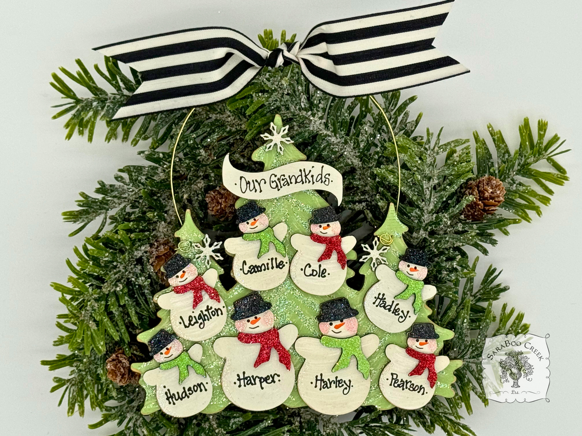 Family or Grandparent Christmas Ornament w/ 2-9 Personalized Snowmen of Handmade Layered Wood