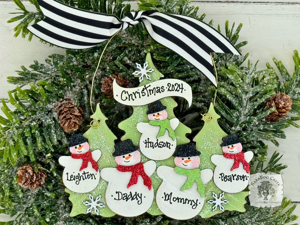 Family or Grandparent Christmas Ornament w/ 2-9 Personalized Snowmen of Handmade Layered Wood