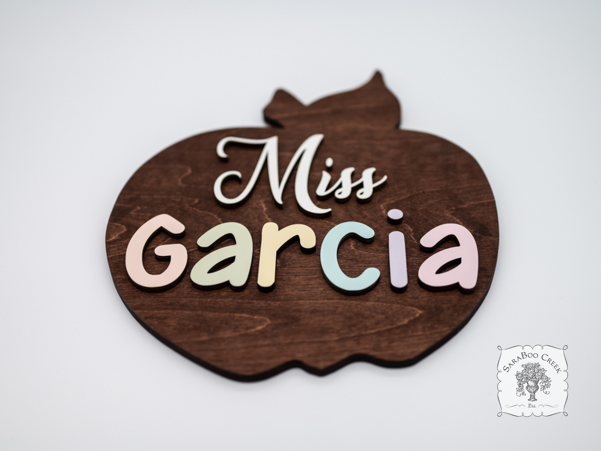 Custom Teacher Apple Name Sign - Personalized Teacher Gift, Classroom Door Sign