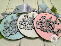 Baby's First Christmas Disc Ornament - Personalized Wood Ornament with Script Lettering