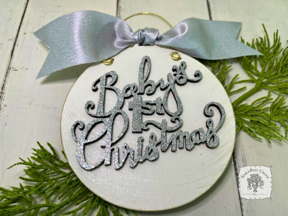 Baby's First Christmas Disc Ornament - Personalized Wood Ornament with Script Lettering