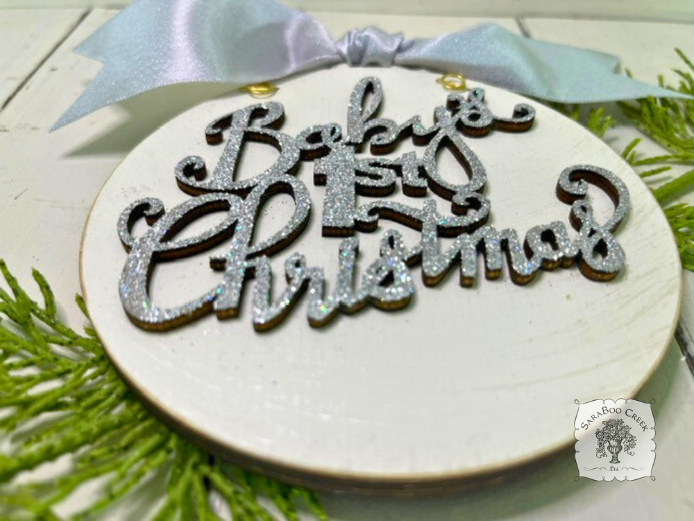 Baby's First Christmas Disc Ornament - Personalized Wood Ornament with Script Lettering