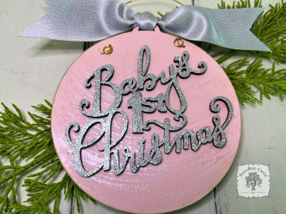 Baby's First Christmas Disc Ornament - Personalized Wood Ornament with Script Lettering
