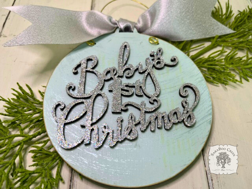 Baby's First Christmas Disc Ornament - Personalized Wood Ornament with Script Lettering