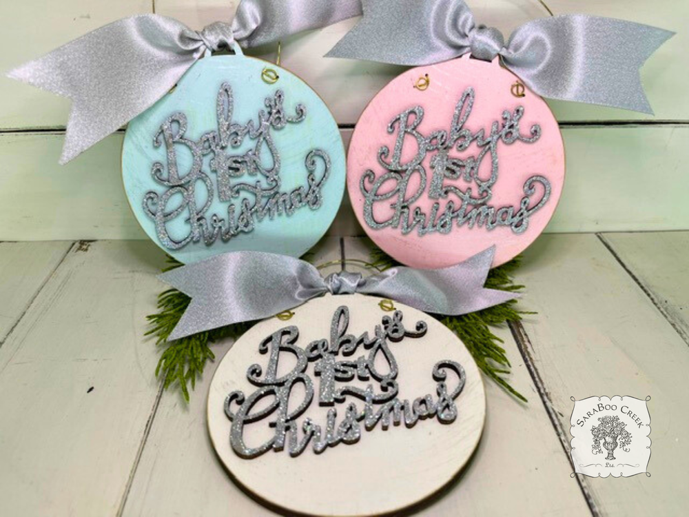 Baby's First Christmas Disc Ornament - Personalized Wood Ornament with Script Lettering