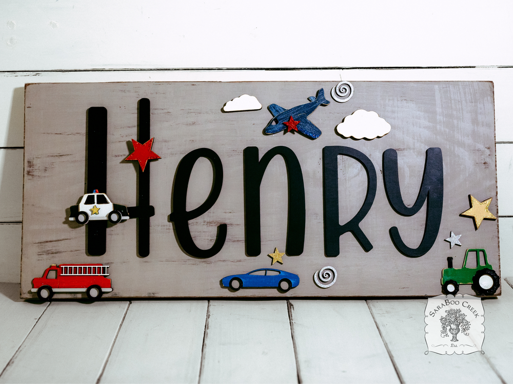 9" x 20" Custom Personalized Transportation Plaque with Car, Plane, Firetruck and Tractor - Perfect for Boy's Room, Nursery or Playroom Decor