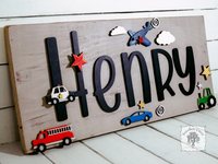 9" x 20" Custom Personalized Transportation Plaque with Car, Plane, Firetruck and Tractor - Perfect for Boy's Room, Nursery or Playroom Decor
