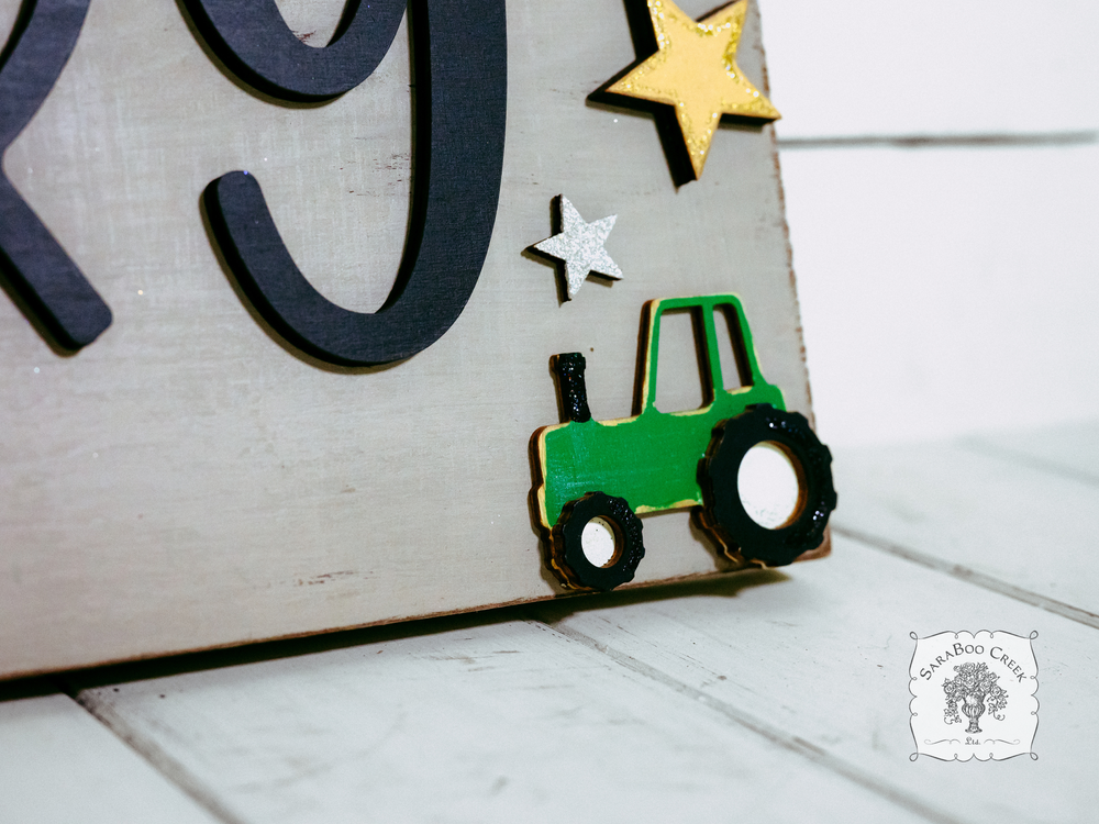 9" x 20" Custom Personalized Transportation Plaque with Car, Plane, Firetruck and Tractor - Perfect for Boy's Room, Nursery or Playroom Decor