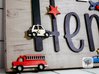 9" x 20" Custom Personalized Transportation Plaque with Car, Plane, Firetruck and Tractor - Perfect for Boy's Room, Nursery or Playroom Decor