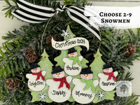 Family or Grandparent Christmas Ornament w/ 2-9 Personalized Snowmen of Handmade Layered Wood