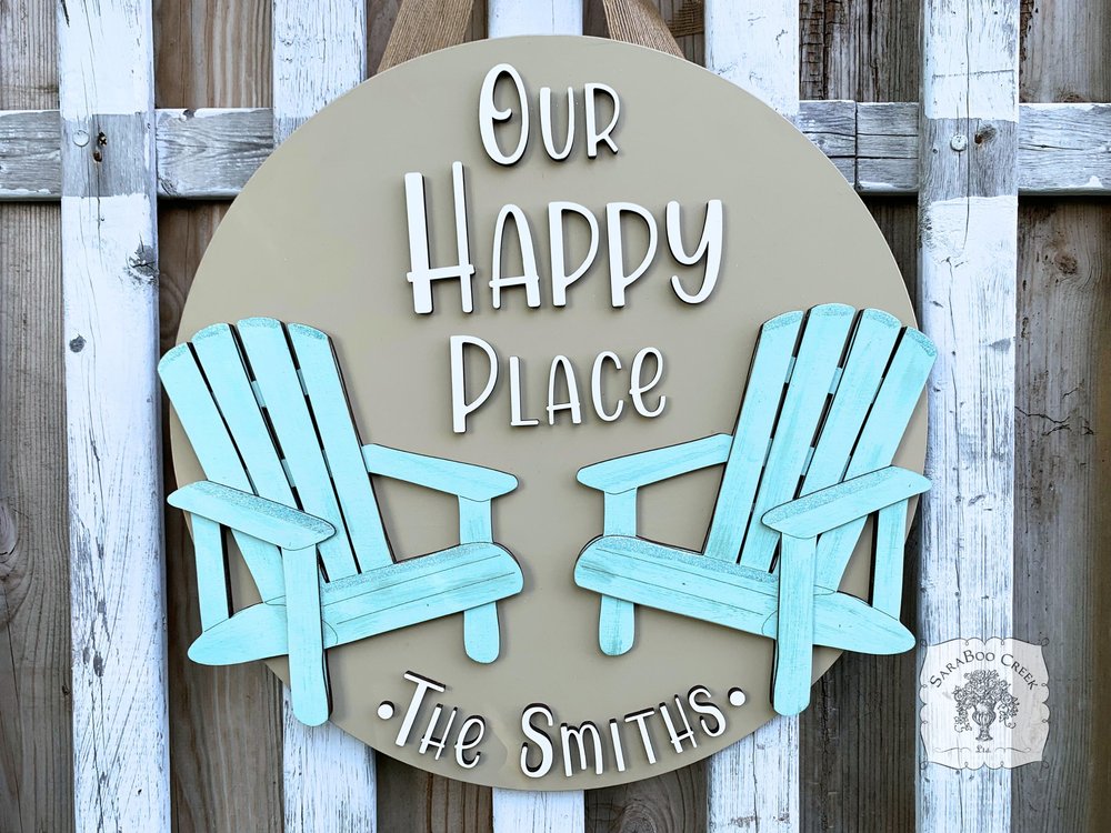 "Our Happy Place" Adirondack Beach Chair Sign with Custom Name