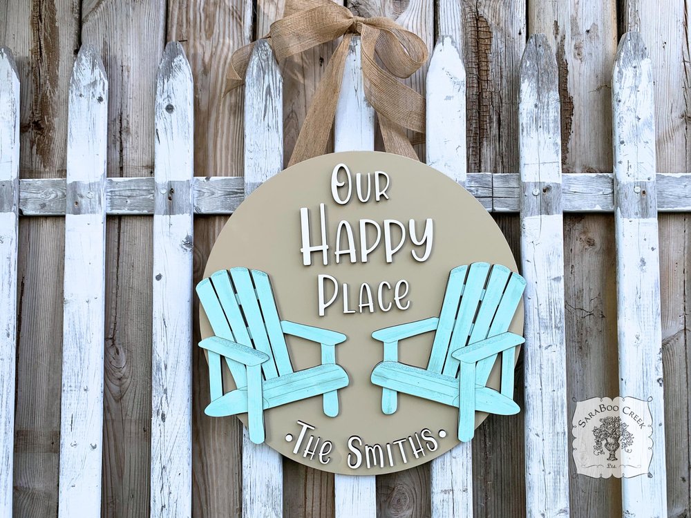 "Our Happy Place" Adirondack Beach Chair Sign with Custom Name