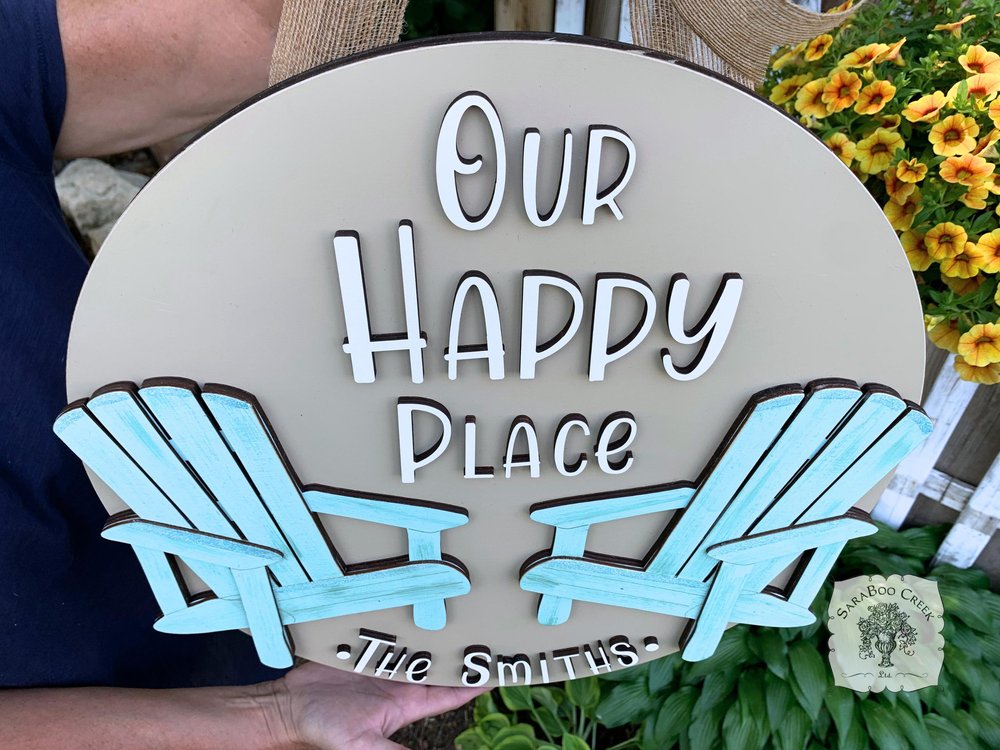 "Our Happy Place" Adirondack Beach Chair Sign with Custom Name