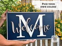 24" Rectangle Sign Customized with Initial, Overlapping "Welcome," & Border