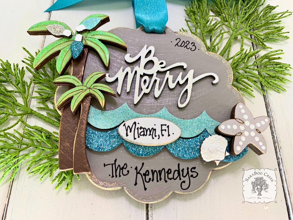 Beach Ornament - Tropical Christmas Ornament Personalized for Vacation Memories, Beach House or Beach Wedding