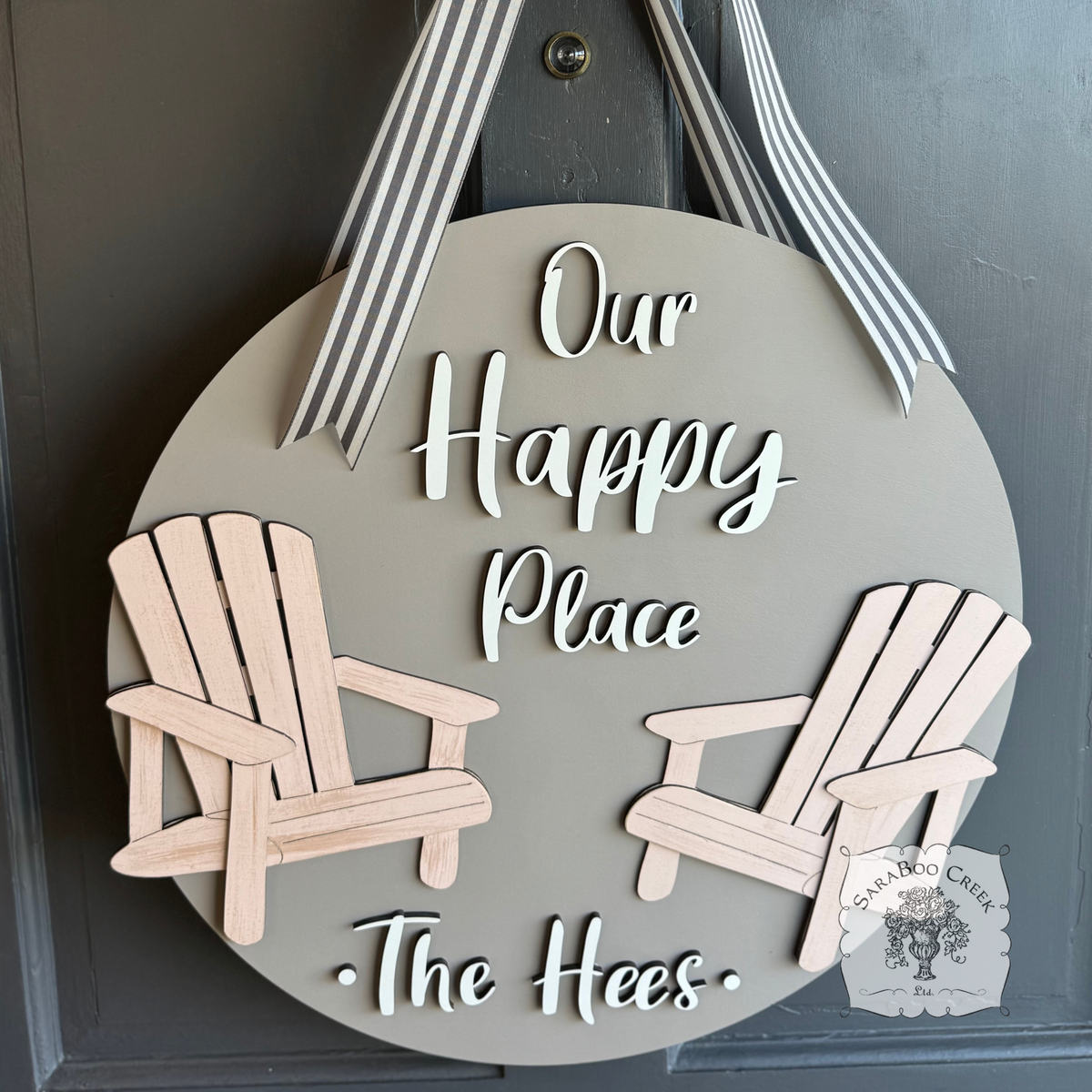"Our Happy Place" Adirondack Beach Chair Sign with Custom Name