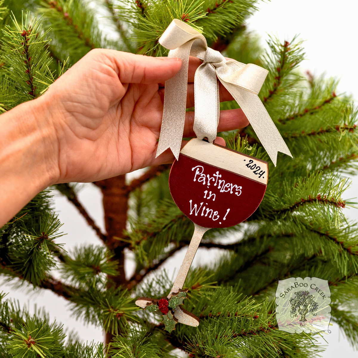 Wine Glass Ornament - Personalized Wine Gift in Red, Blush Rose or White